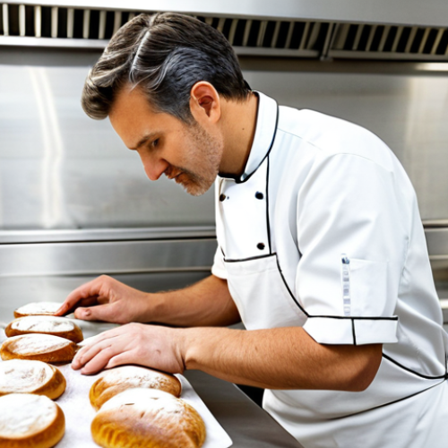 Home 4 A professional male baker in a crisp, modest white chef's jacket and apron, focused intently on meticulously scoring a rustic sourdough loaf. He stands in a pristine, brightly lit professional bakery kitchen, featuring stainless steel workstations and neatly organized baking tools. The scene exudes an atmosphere of expertise and precision, with natural light streaming in. fully clothed, appropriate attire, modest clothing, professional dress, safe for work, appropriate content, professional, family-friendly, perfect anatomy, correct proportions, natural pose, well-formed hands, proper finger count, natural body proportions, professional photography, high resolution, detailed, realistic.