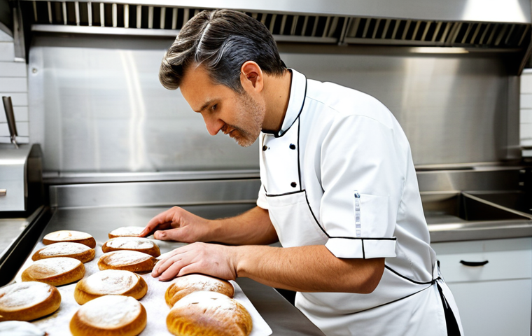 A professional male baker in a crisp, modest white chef's jacket and apron, focused intently on meticulously scoring a rustic sourdough loaf. He stands in a pristine, brightly lit professional bakery kitchen, featuring stainless steel workstations and neatly organized baking tools. The scene exudes an atmosphere of expertise and precision, with natural light streaming in. fully clothed, appropriate attire, modest clothing, professional dress, safe for work, appropriate content, professional, family-friendly, perfect anatomy, correct proportions, natural pose, well-formed hands, proper finger count, natural body proportions, professional photography, high resolution, detailed, realistic.