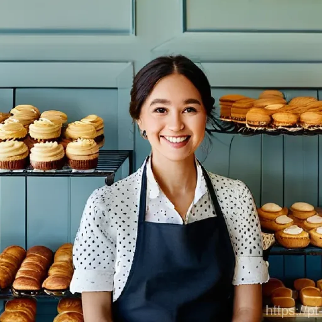 제빵 자격증 취득 후 진로 - **Artisanal Bakery Scene:** A warm and inviting, sun-drenched artisanal bakery. A cheerful female ba...
