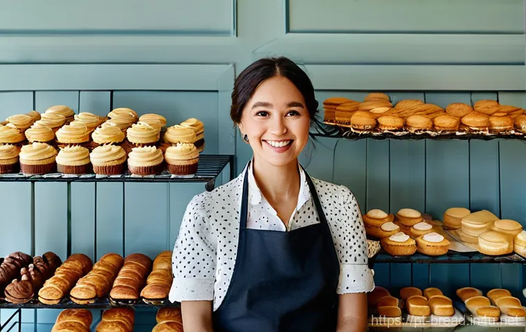 제빵 자격증 취득 후 진로 - **Artisanal Bakery Scene:** A warm and inviting, sun-drenched artisanal bakery. A cheerful female ba...