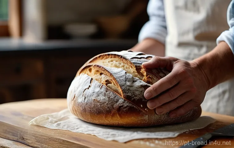 제빵 자격증 종류별 차이 - **Prompt:** A close-up shot of an experienced baker's hands, gently scoring the top of a perfectly p...