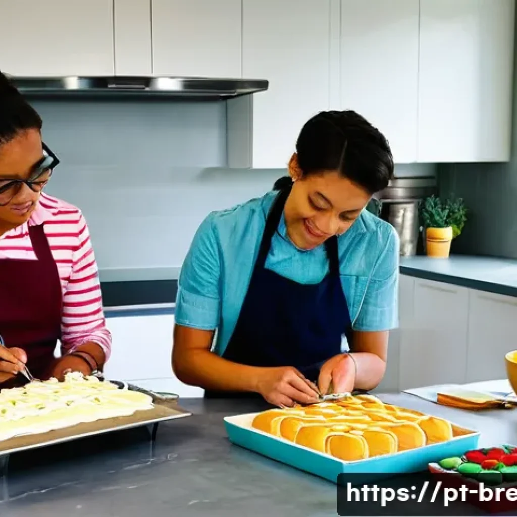 제빵 자격증 스터디 그룹의 중요성 - **Confectionery Study Group in Action - Collaborative Learning:**
A vibrant, sunlit kitchen scen...