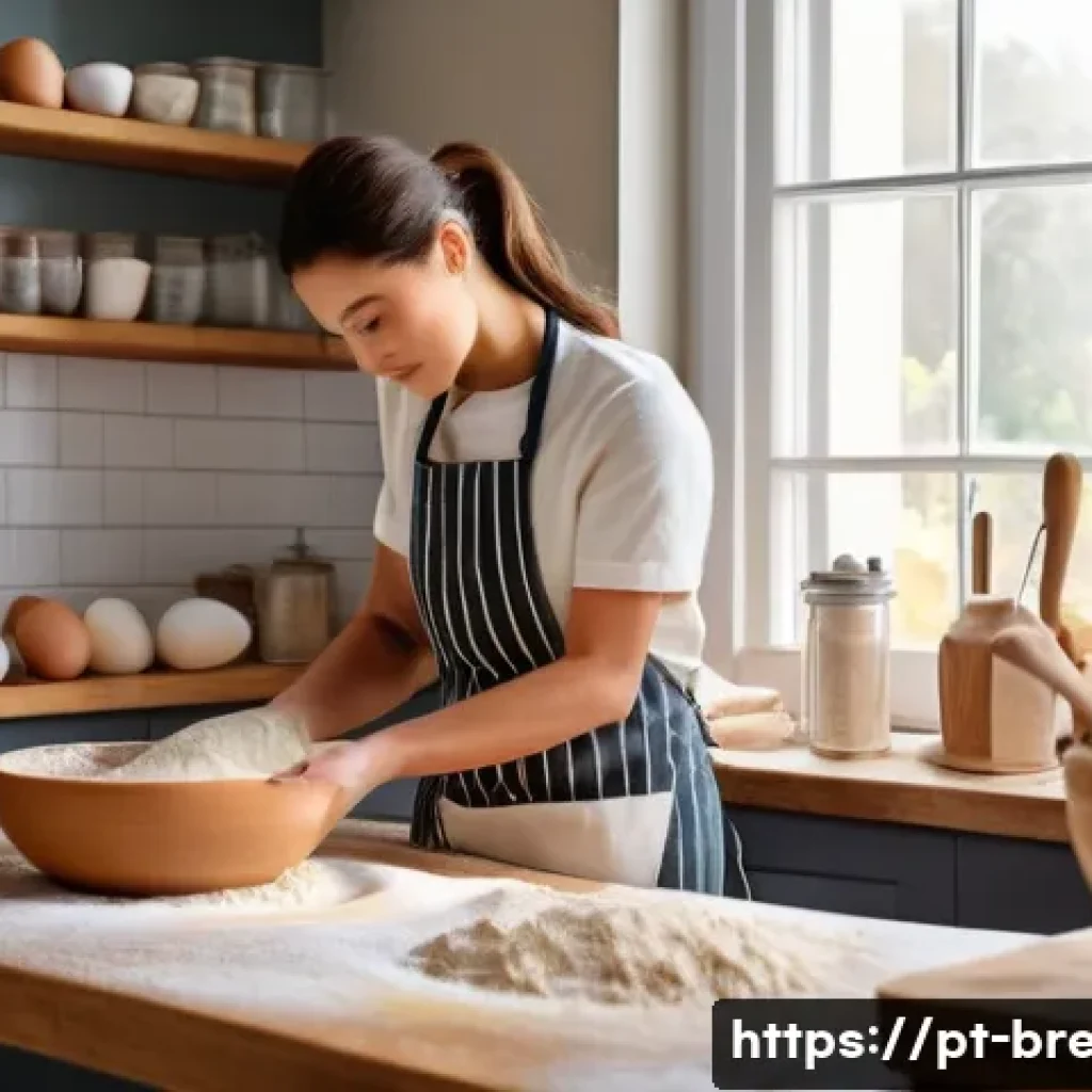 제빵사 시험 준비를 위한 타임라인 - A cozy home bakery kitchen scene with a young adult baker wearing casual clothes and an apron, caref...
