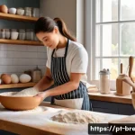 제빵사 시험 준비를 위한 타임라인 - A cozy home bakery kitchen scene with a young adult baker wearing casual clothes and an apron, caref...