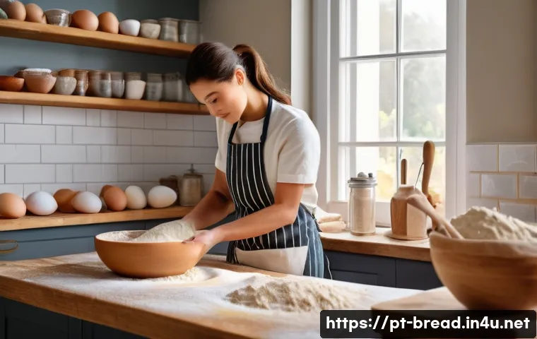 제빵사 시험 준비를 위한 타임라인 - A cozy home bakery kitchen scene with a young adult baker wearing casual clothes and an apron, caref...