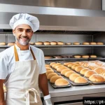 제빵사 업무 사례 분석 - A modern bakery kitchen scene featuring a skilled baker wearing a clean apron and comfortable clothi...