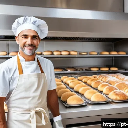 제빵사 업무 사례 분석 - A modern bakery kitchen scene featuring a skilled baker wearing a clean apron and comfortable clothi...