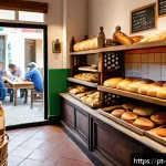 제빵사로서 자기 브랜드 만드는 방법 - A cozy artisan bakery interior in a Brazilian neighborhood, featuring warm wooden shelves filled wit...